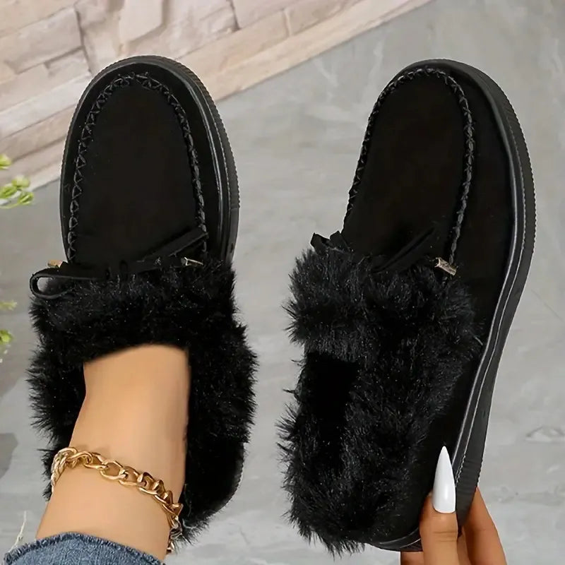 Bow Furry Round Toe Flat Slip-Ons - Black