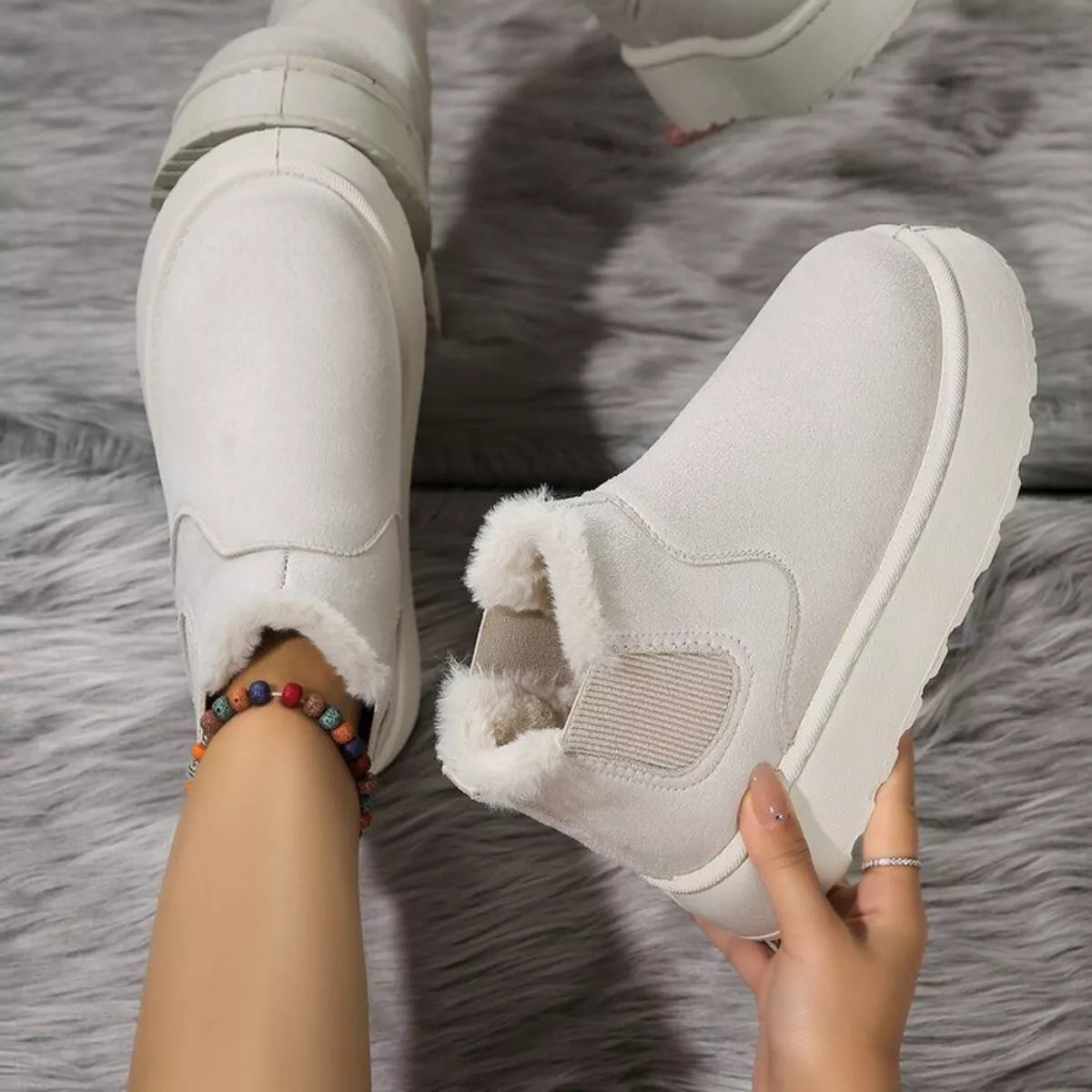 Round Toe Platform Ankle Boots - Beige