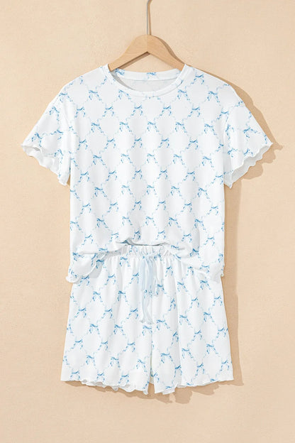 Printed Round Neck Top and Shorts Two-Piece Lounge Set -