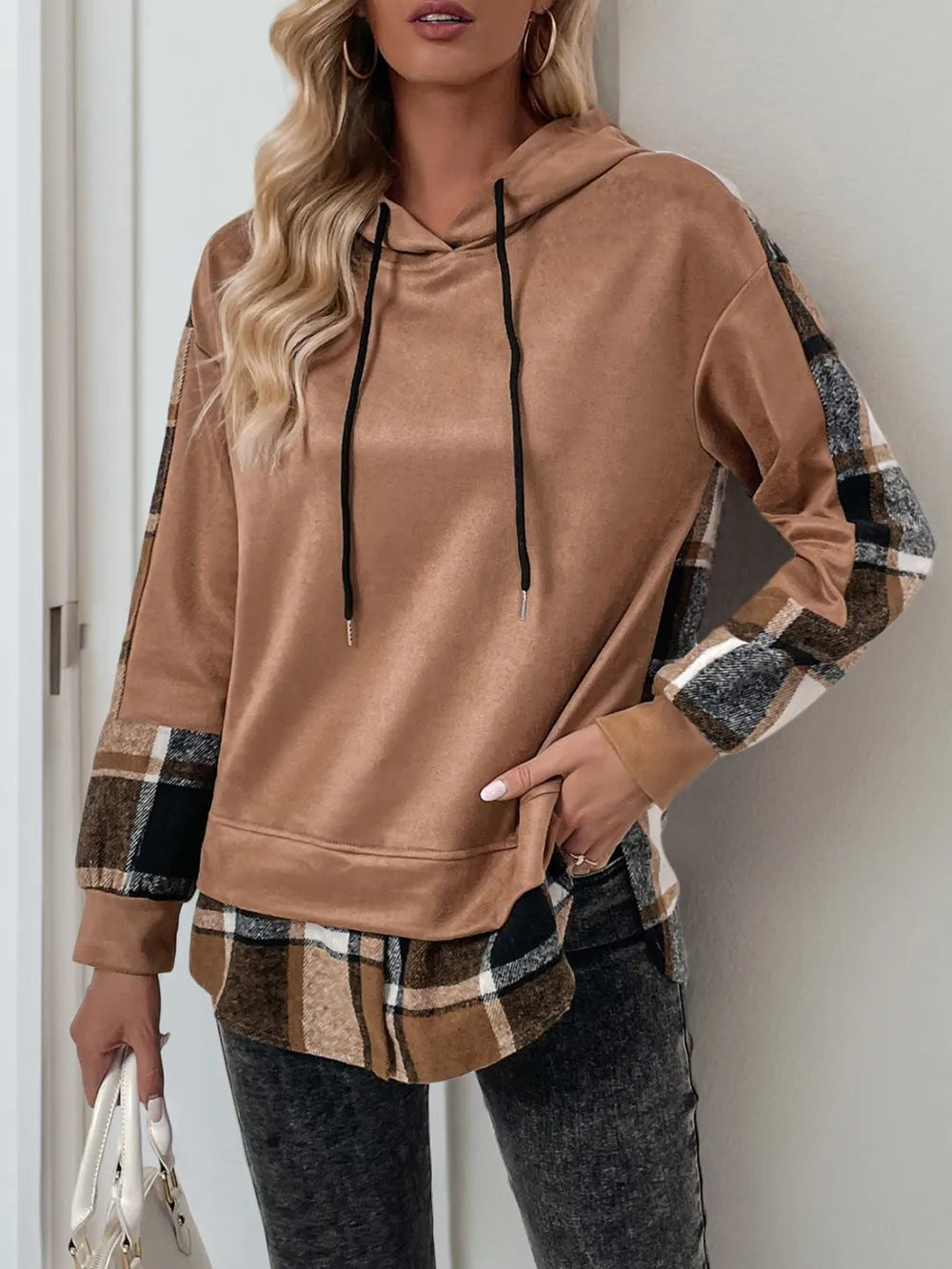 Drawstring Plaid Long Sleeve Hoodie - Camel