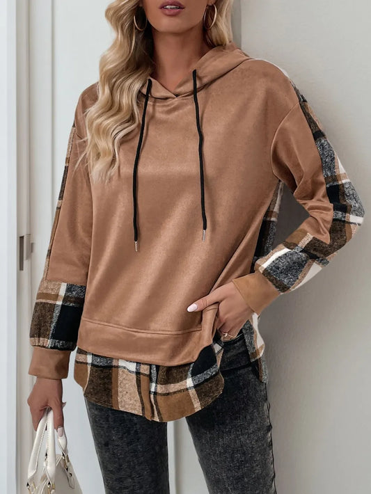 Drawstring Plaid Long Sleeve Hoodie - Camel