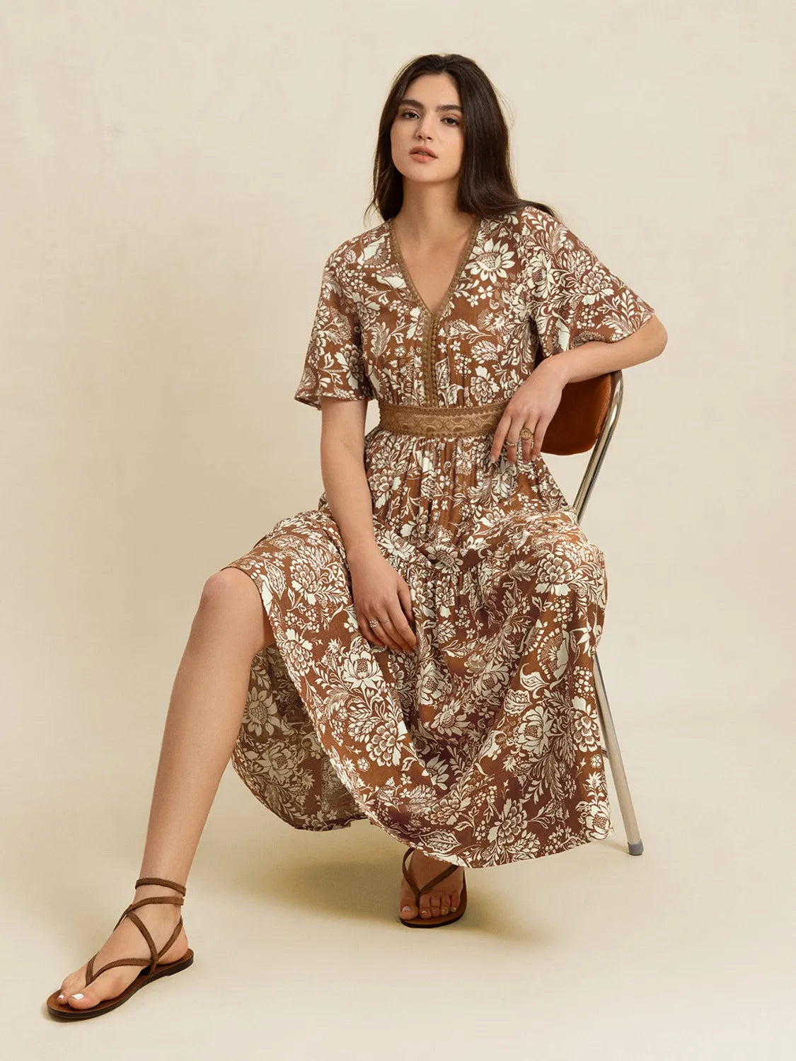 Lace Detail Printed Short Sleeve Midi Dress -