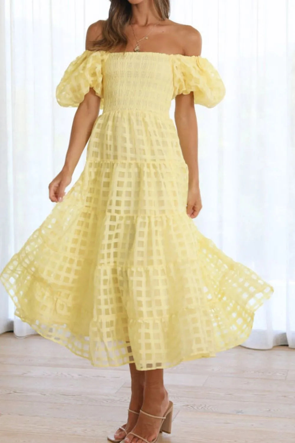 Off Shoulder Short Puff Sleeve Midi Dress -