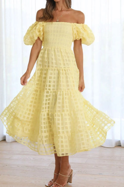 Off Shoulder Short Puff Sleeve Midi Dress -
