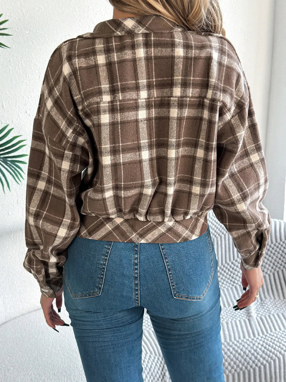 Plaid Button Up Long Sleeve Jacket - Taupe