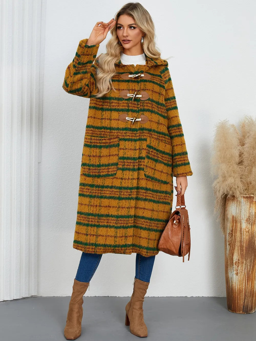 Plaid Long Sleeve Hooded Coat - Dark Green