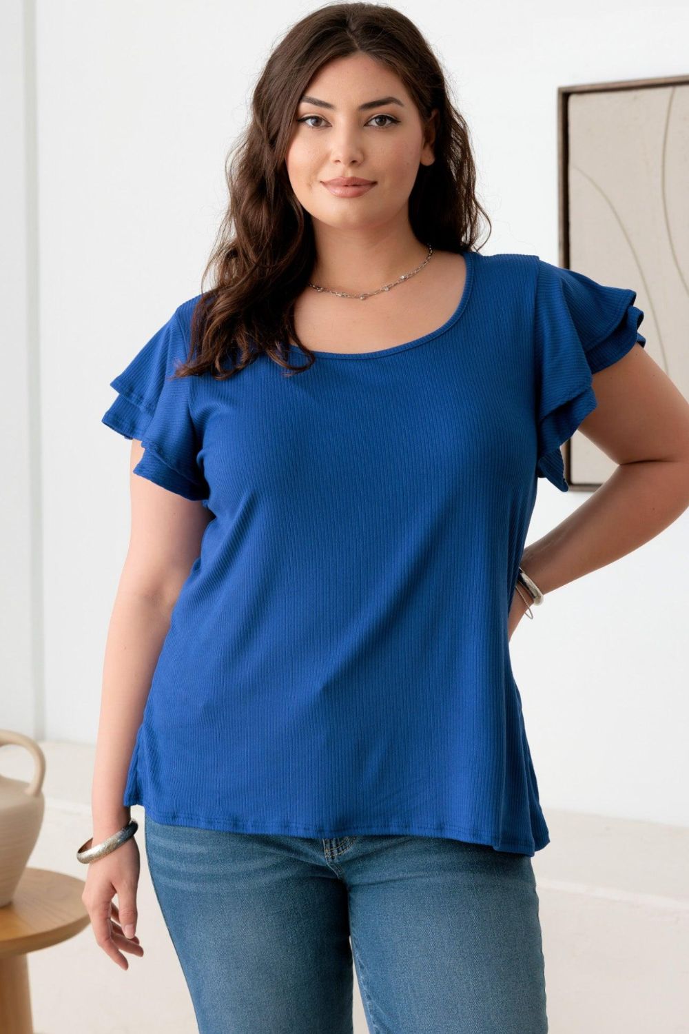 Plus Size Short Fluttery Sleeve Round Neck Top - Royal Blue