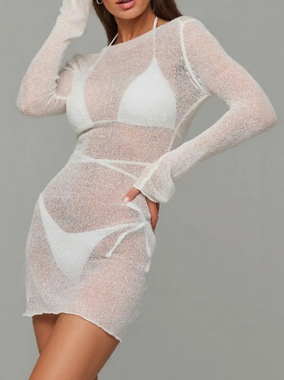 Sheer Backless Long Sleeve Mini Cover-Up Dress -