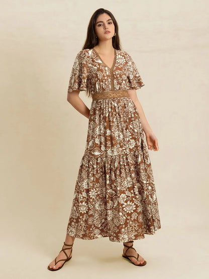 Lace Detail Printed Short Sleeve Midi Dress -