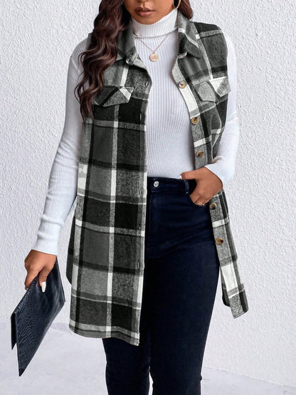 Plus Size Pocketed Plaid Button Up Vest Coat - Black