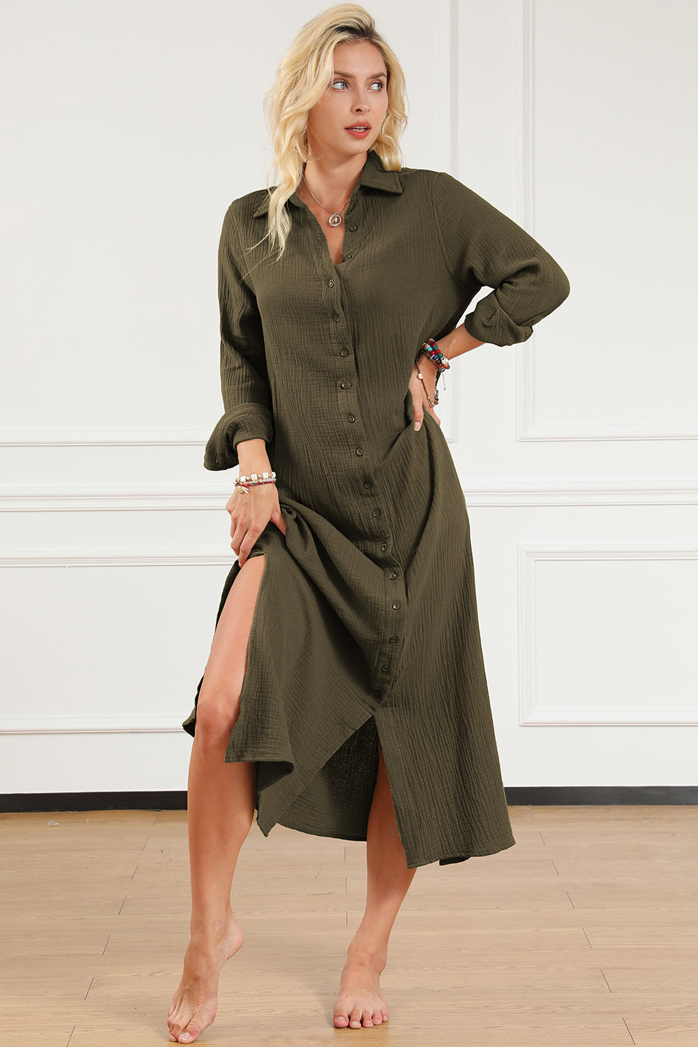 Texture Collared Neck Button Up Slit Shirt Dress | AdoreStarr