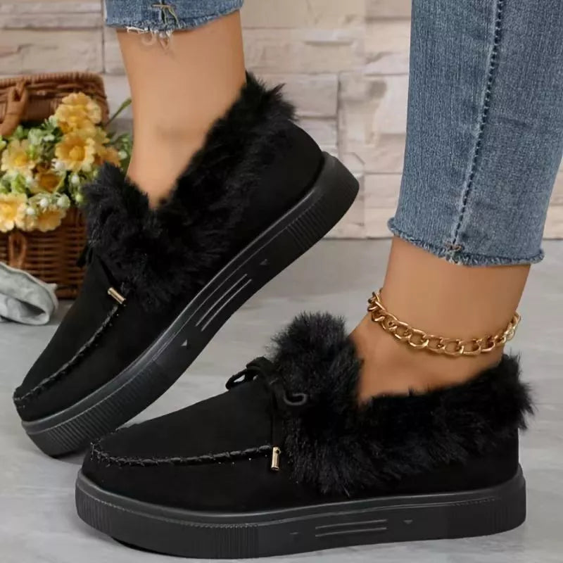 Fuzzy Round Toe Slip-Ons - Black