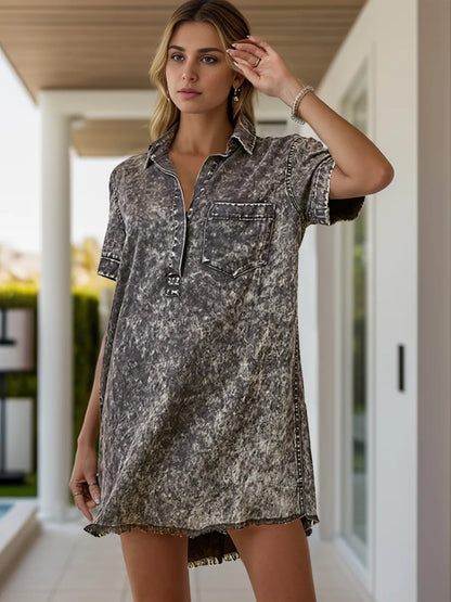 Pocketed Collared Neck Short Sleeve Denim Dress -