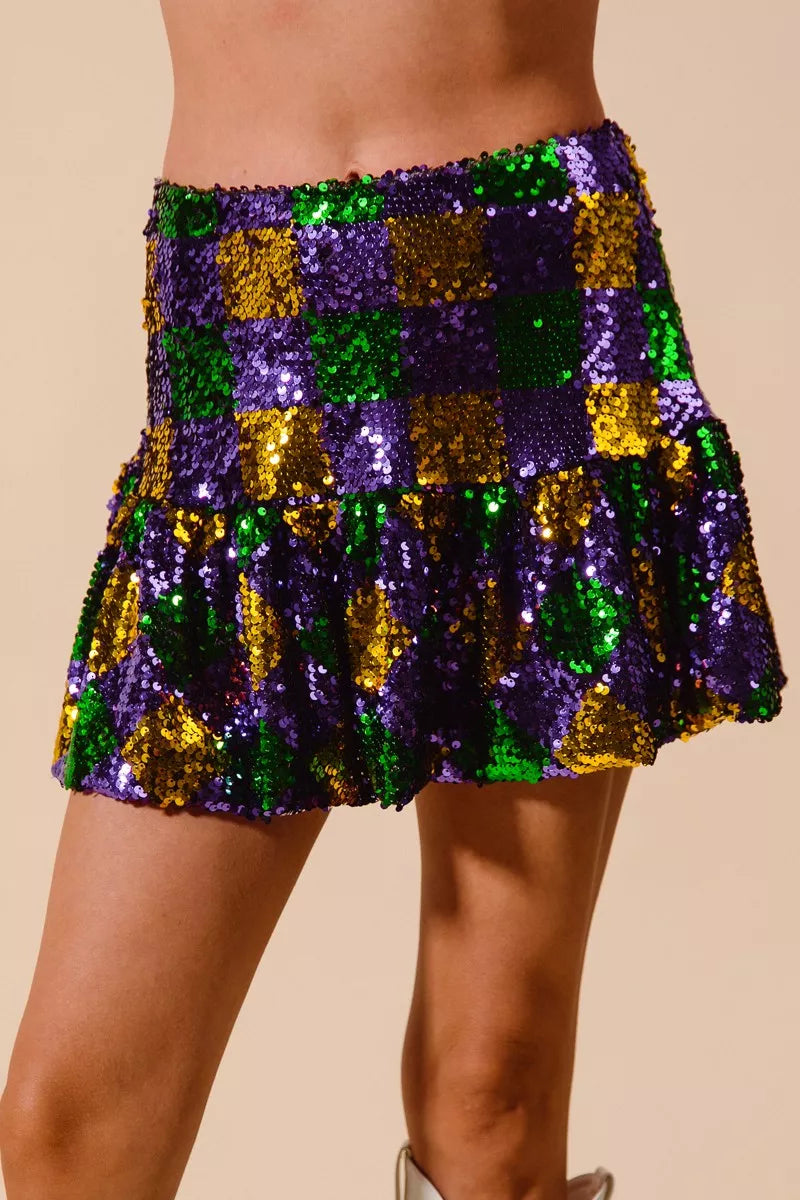 Mardi Gras Checker Sequins Mini Skirt -