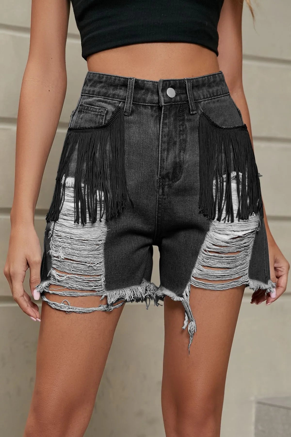 Distressed Fringe Denim Shorts - Gray