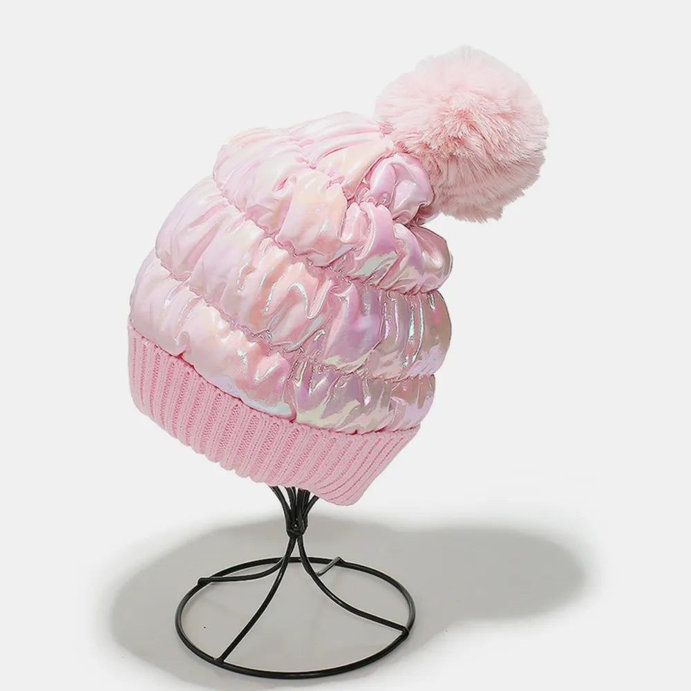 Thermal Knit Hat with Pompom - Pink One Size