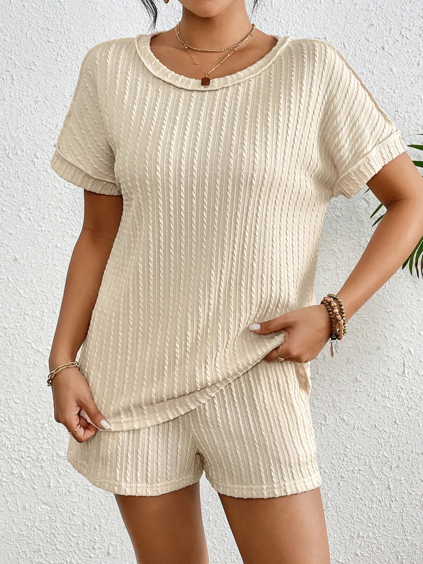 Texture Round Neck Top and Shorts Lounge Set - Apricot