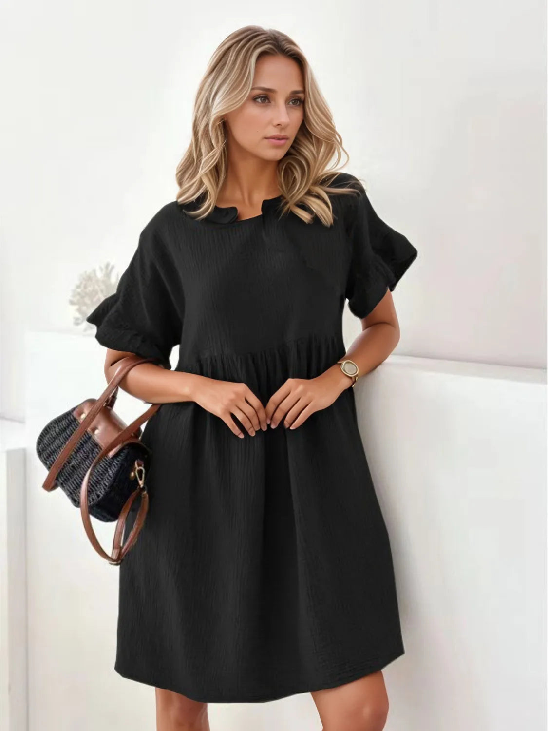 Round Neck Short Sleeve Mini Dress - Black