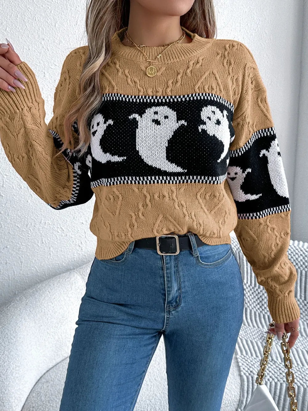 Ghost Round Neck Long Sleeve Sweater - Camel