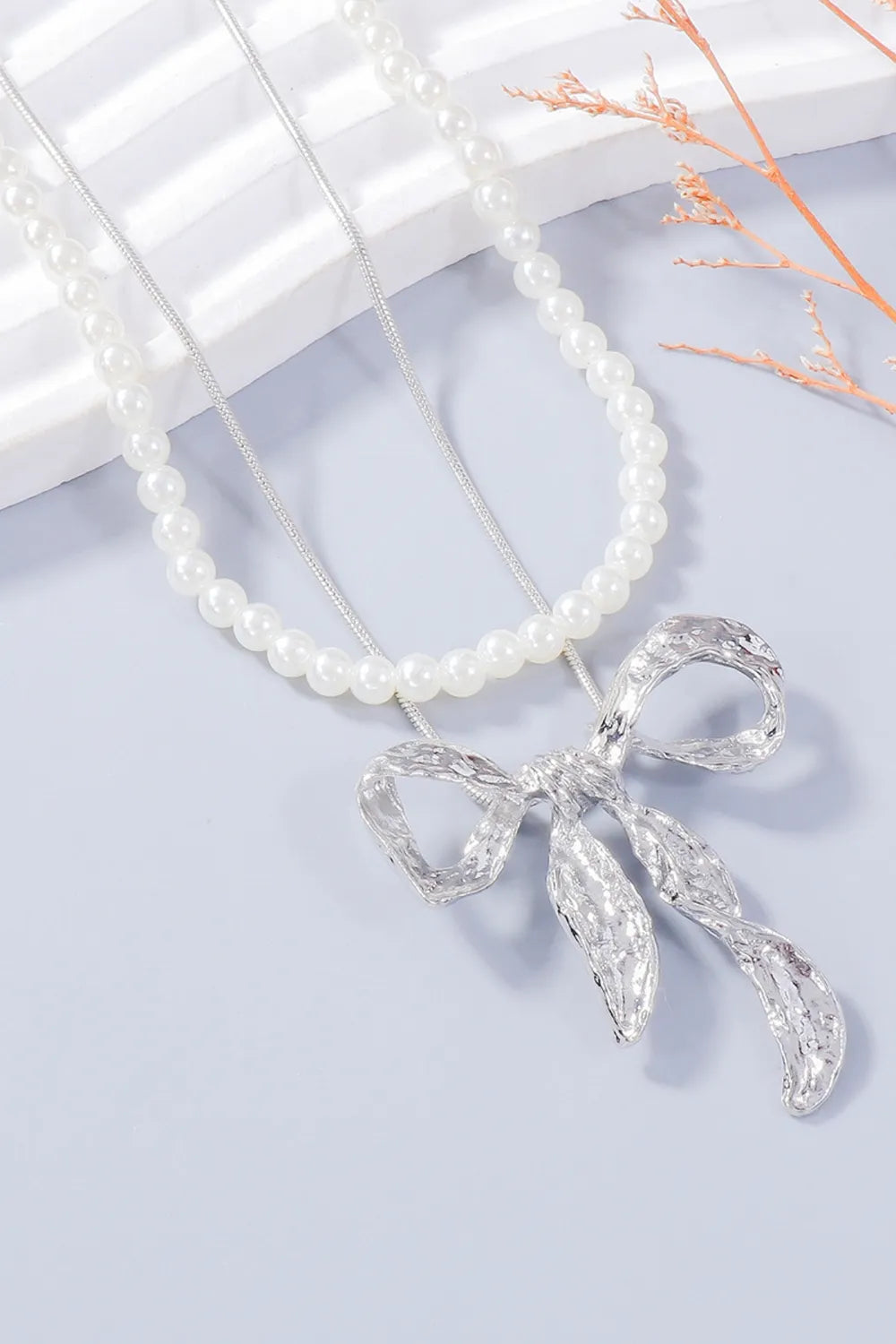 Synthetic Pearl Bow Necklace and Bow Earrings Jewelry Set - Silver One Size