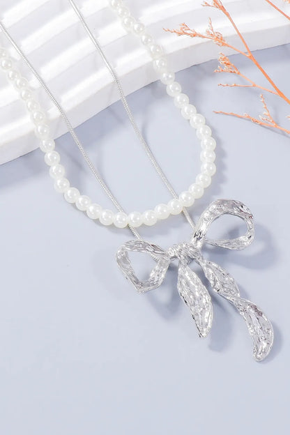 Synthetic Pearl Bow Necklace and Bow Earrings Jewelry Set - Silver One Size