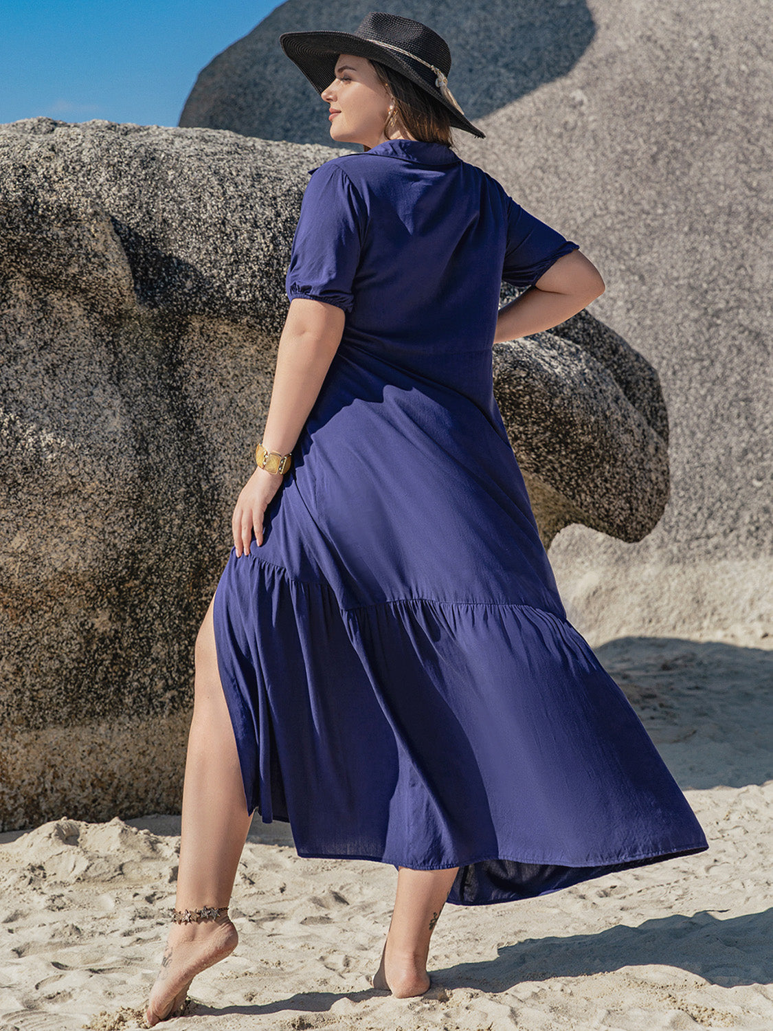 Plus Size Collared Neck Short Sleeve Midi Dress - Dark Blue