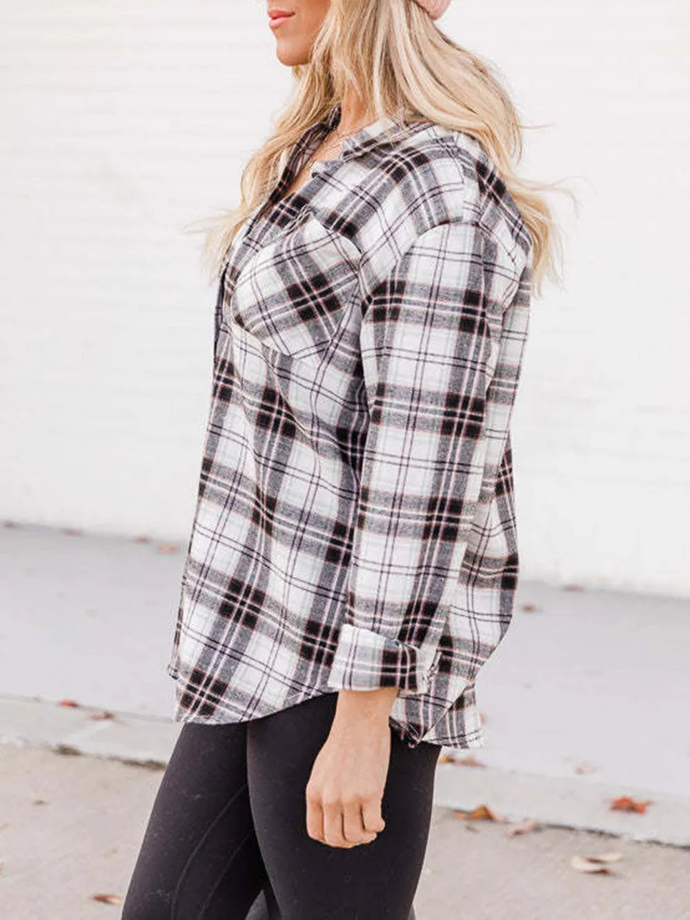 Plaid Collared Neck Long Sleeve Shirt - White