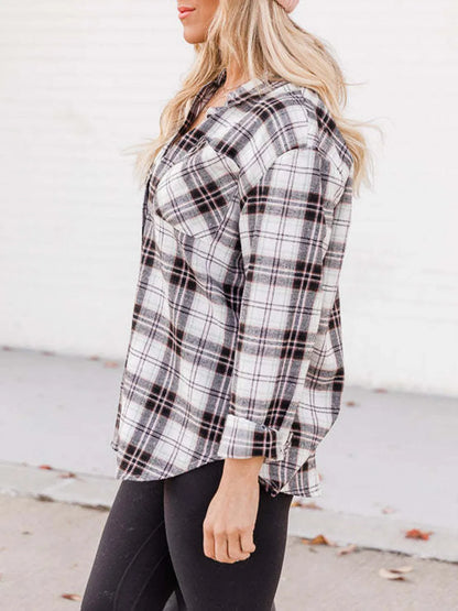 Plaid Collared Neck Long Sleeve Shirt - White