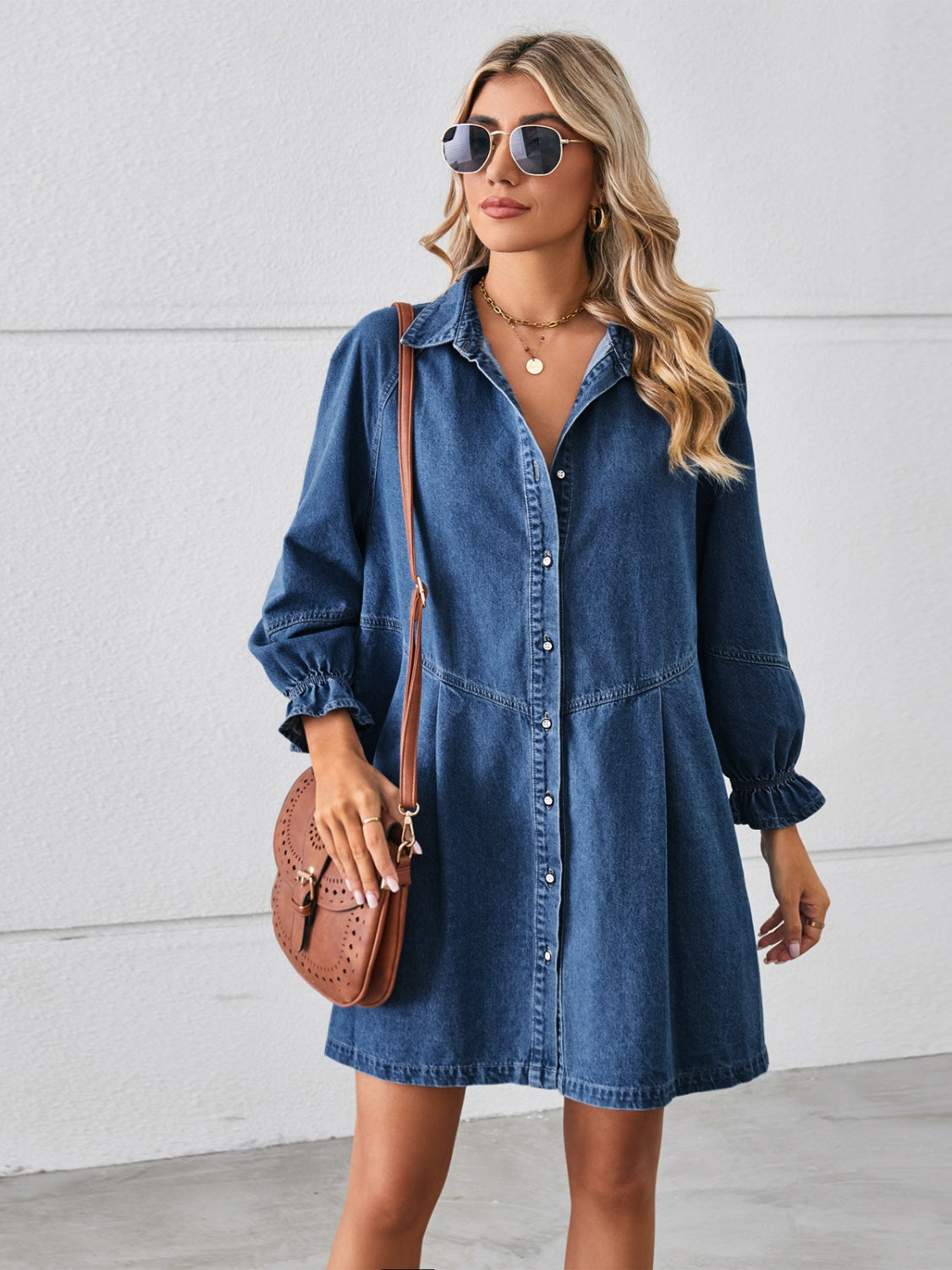 Button Up Flounce Sleeve Mini Denim Dress - Peacock Blue