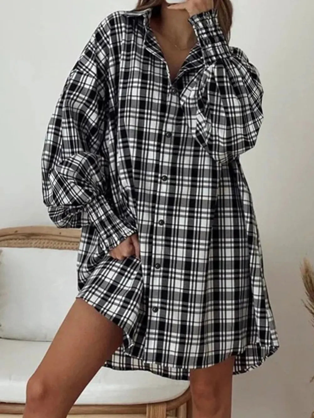Plaid Button Up Long Sleeve Shirt - Black