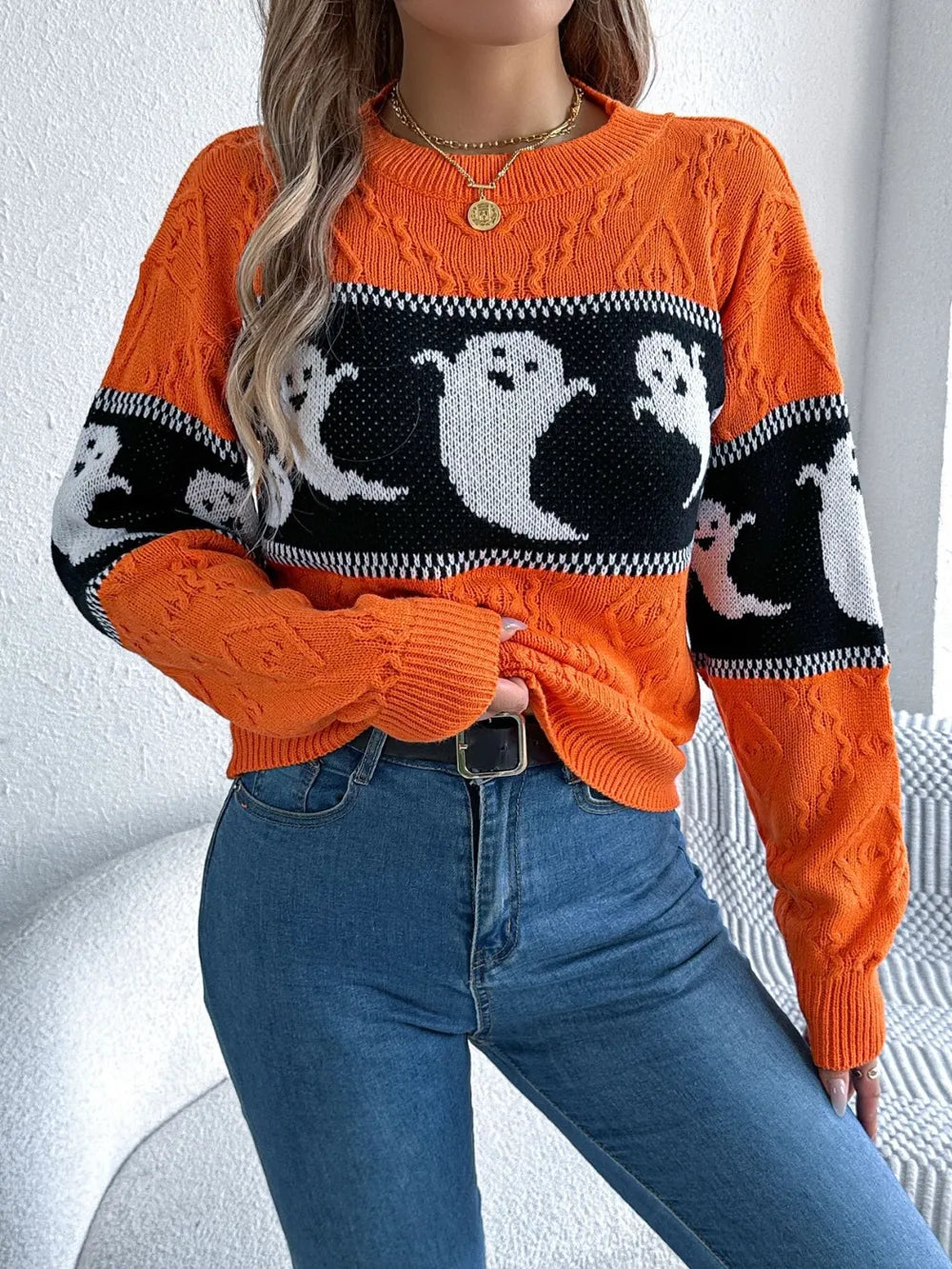Ghost Round Neck Long Sleeve Sweater - Orange