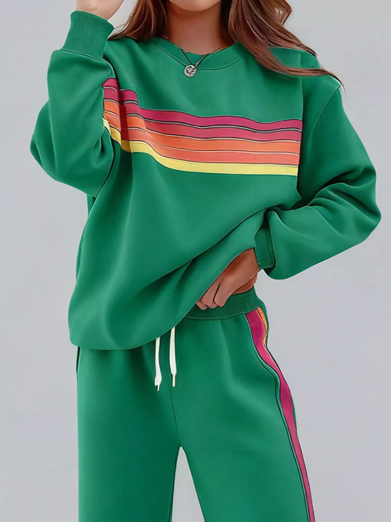 Striped Round Neck Sweatshirt and Pants Set -