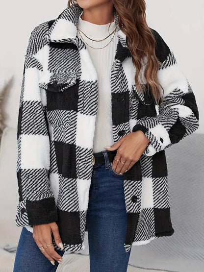 Plaid Button Up Long Sleeve Fuzzy Outerwear - Black