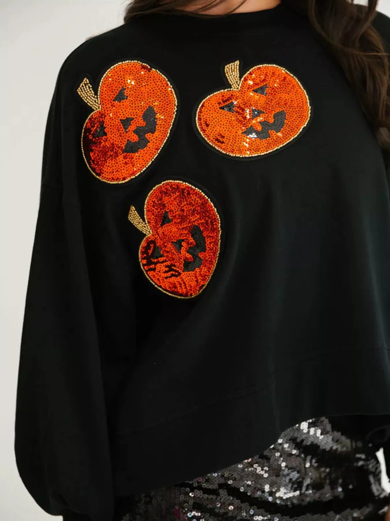 Halloween Pumpkin Round Neck Sweatshirt - Black