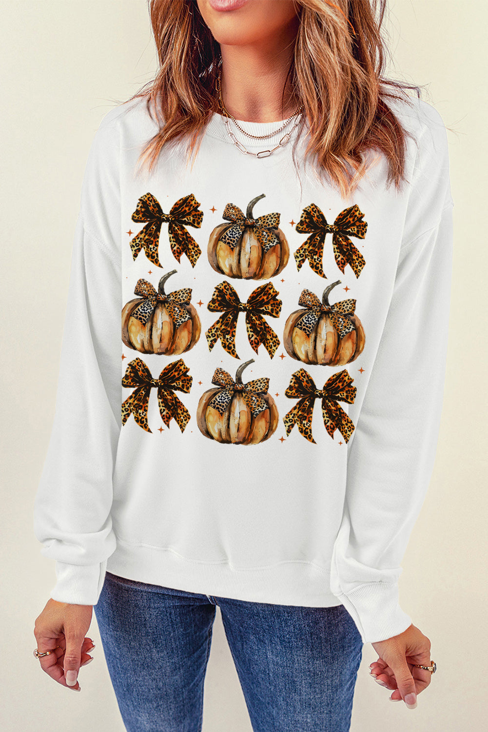 Pumpkin and Bow Graphic Long Sleeve Sweatshirt - White