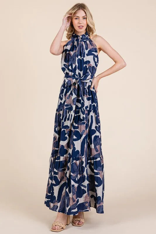 Abstract Halter Neck Tie-Waist Maxi Dress -