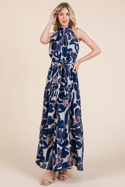 Abstract Halter Neck Tie-Waist Maxi Dress -