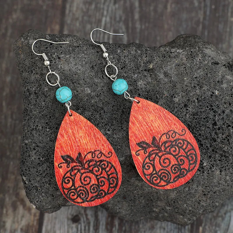 Turquoise Wooden Pumpkin Teardrop Earrings -