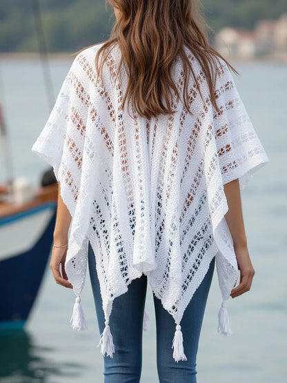 Openwork Tassel Open Front Knit Cover-Up - White One Size