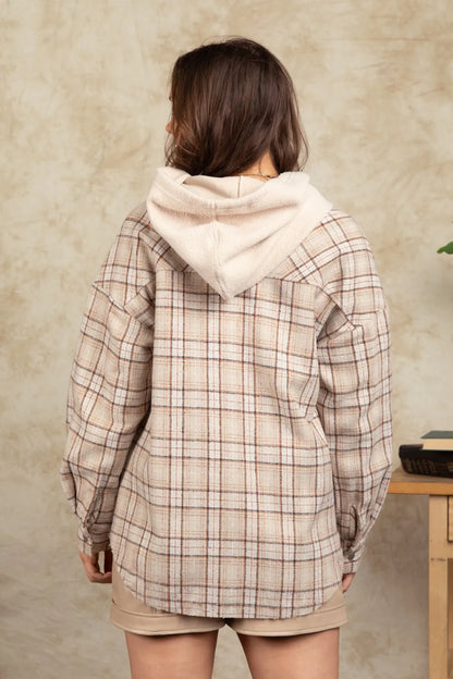 Drawstring Plaid Long Sleeve Hooded Jacket - Dust Storm