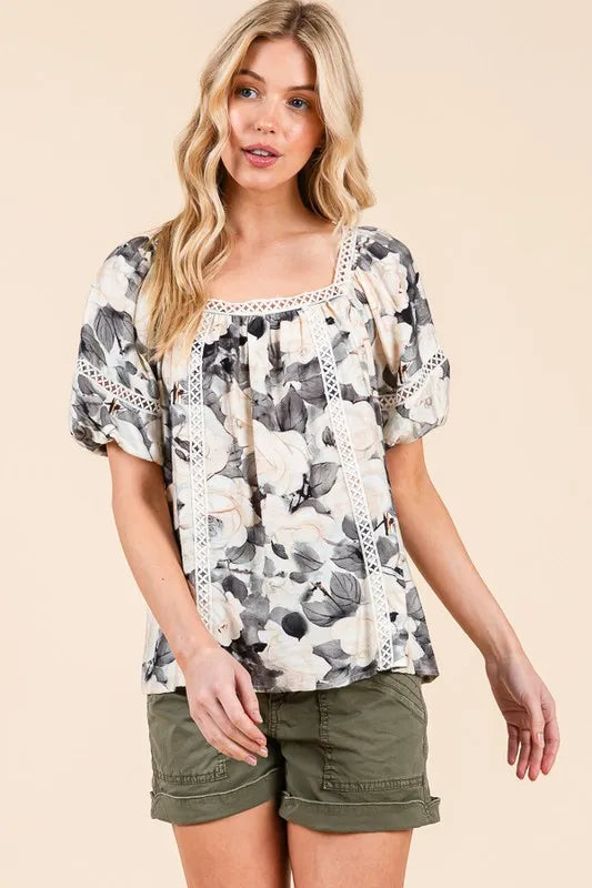 Floral Print Lace Trim Puff Sleeve Blouse -