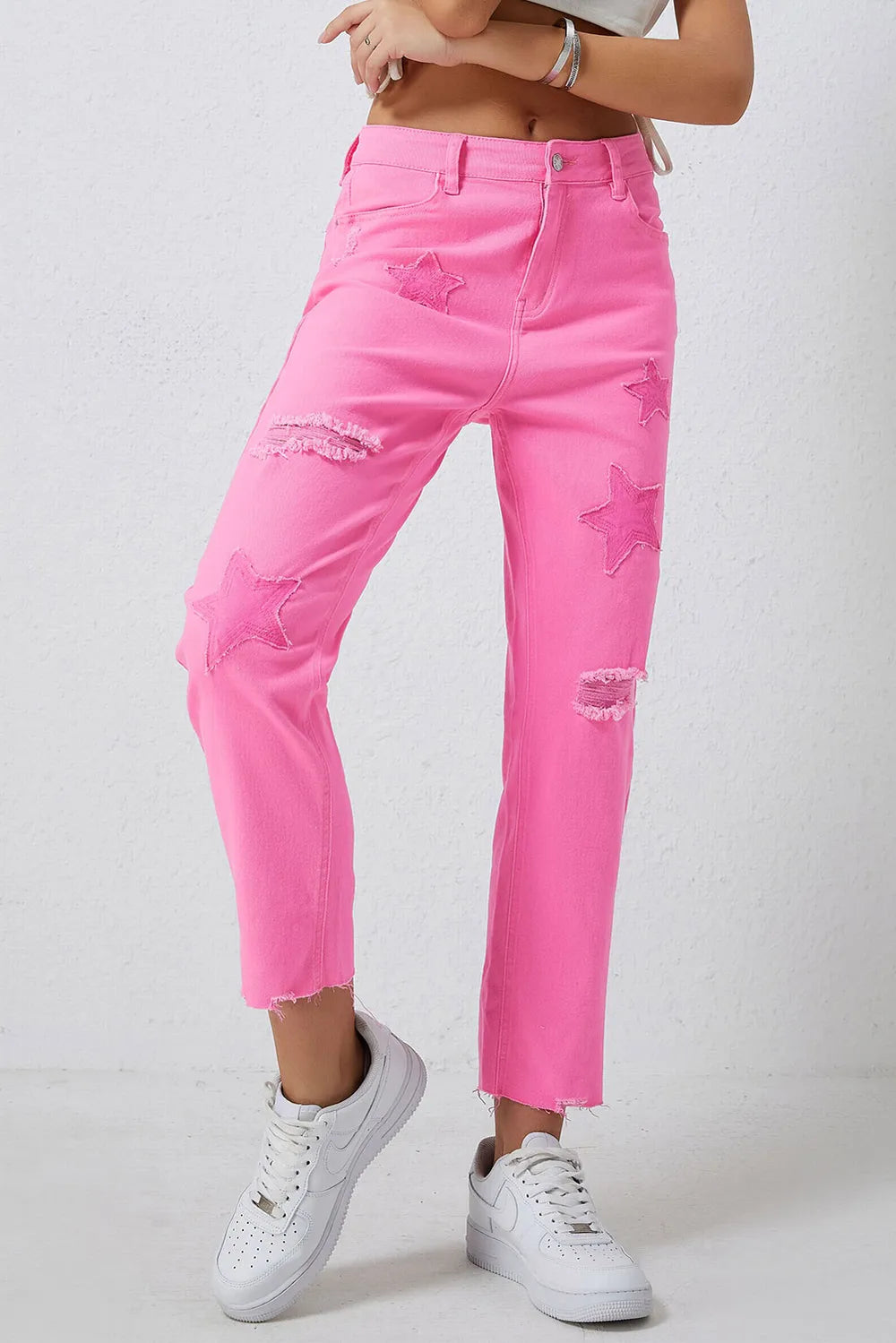 Star Raw Hem Distressed Jeans - Pink