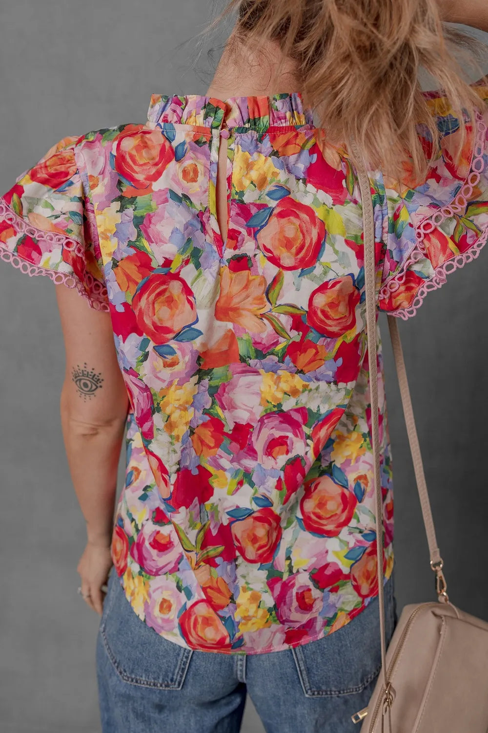 Lace Trim Ruffle Cap Sleeve Floral Blouse -
