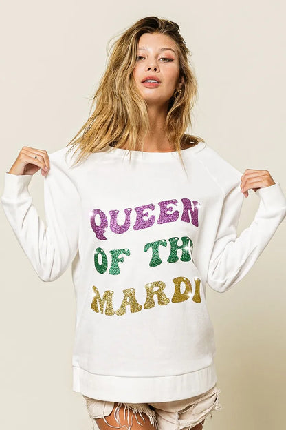 BiBi Queen Of Mardi Glitter Print Mardi Gras Sweatshirt -