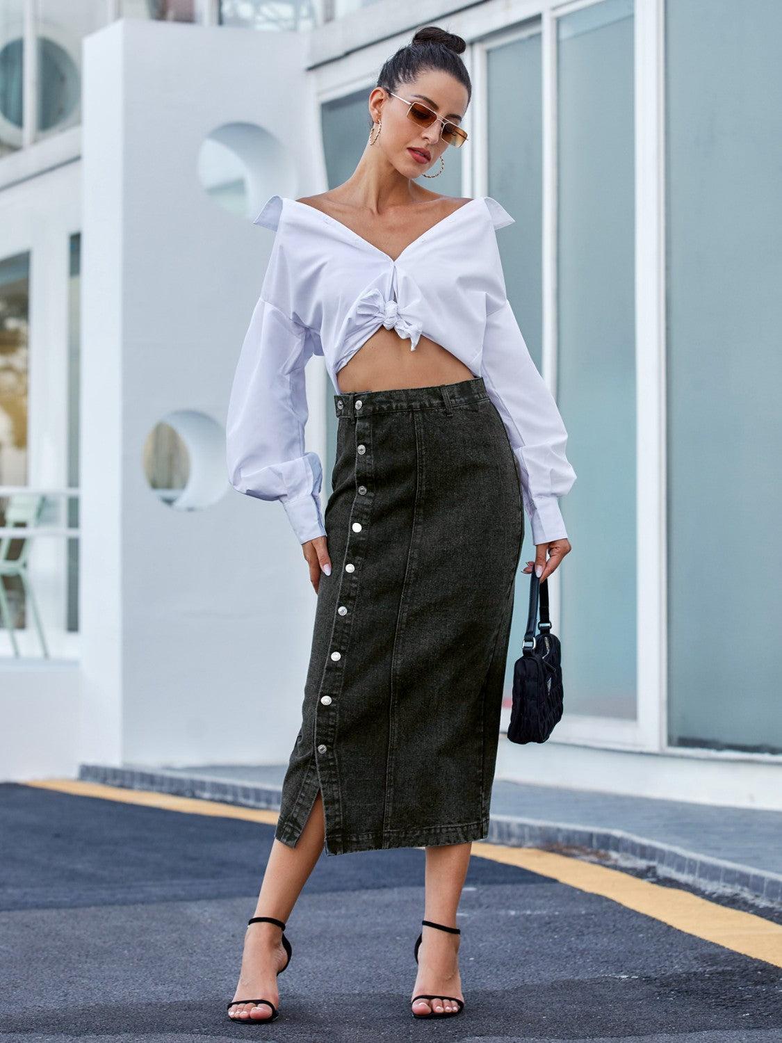 Button Down Denim Skirt - Black