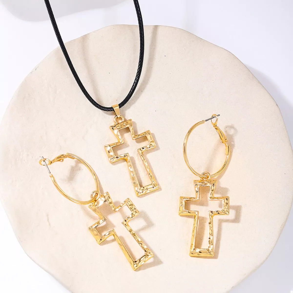 Cross Pendant Necklace and Hoop Earrings Jewelry Set - Gold One Size