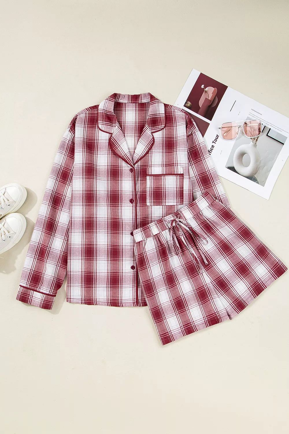 Plaid Long Sleeve Shirt and Drawstring Shorts Lounge Set -