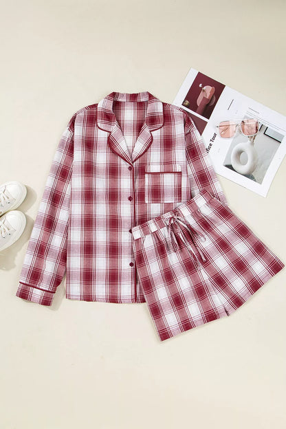 Plaid Long Sleeve Shirt and Drawstring Shorts Lounge Set -