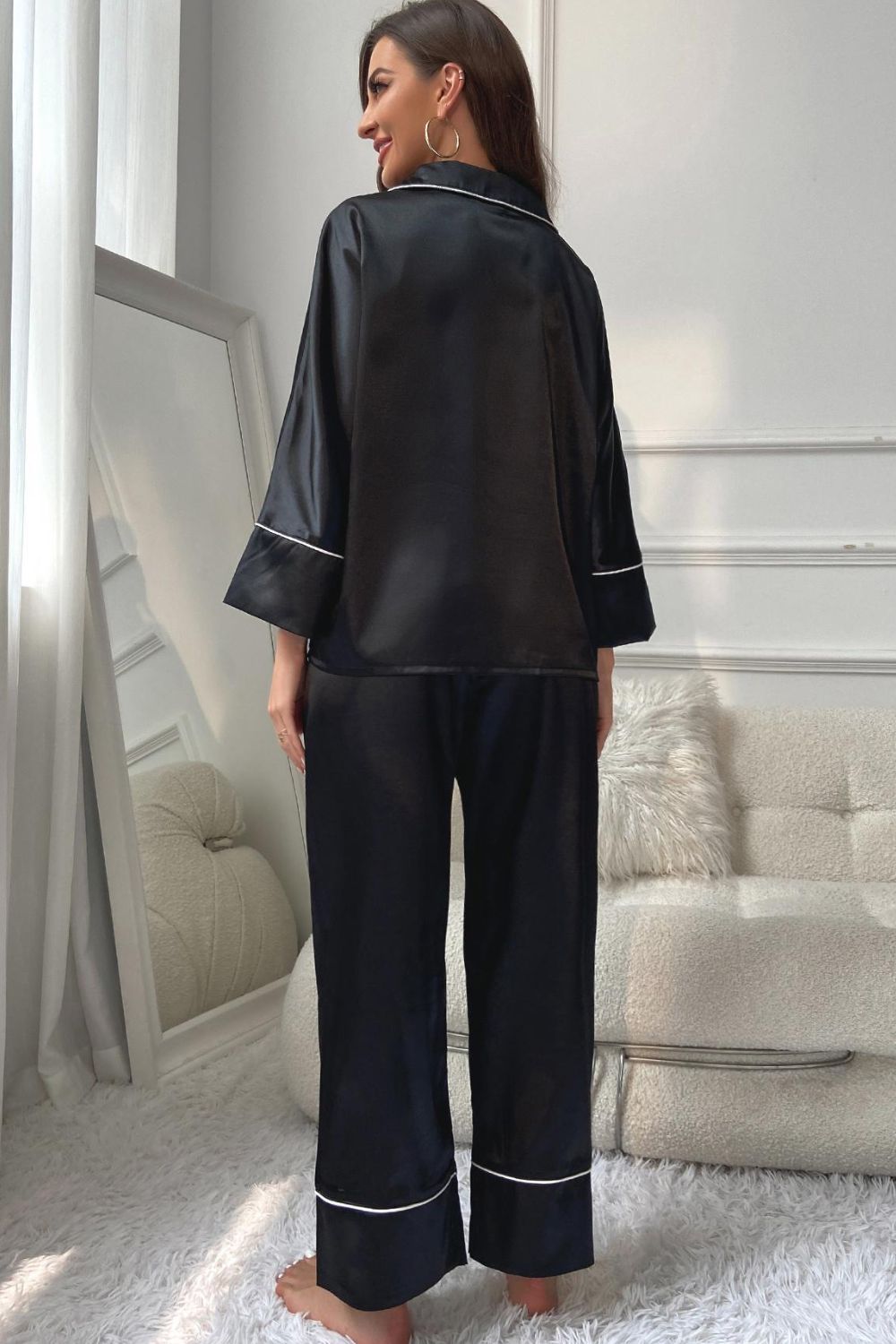Contrast Piping Button-Up Top and Pants Pajama Set -