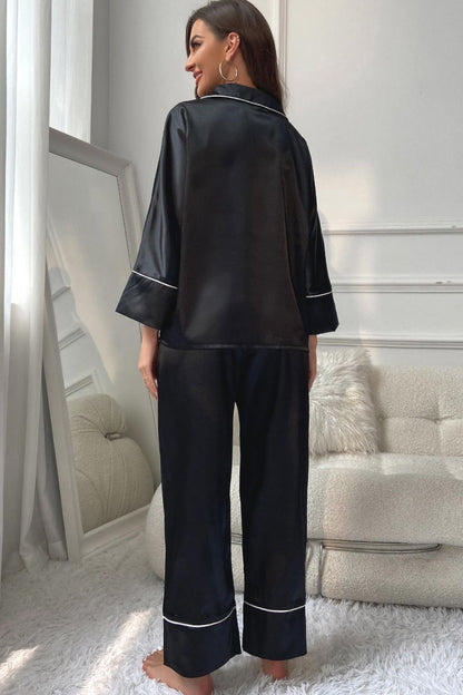 Contrast Piping Button-Up Top and Pants Pajama Set -
